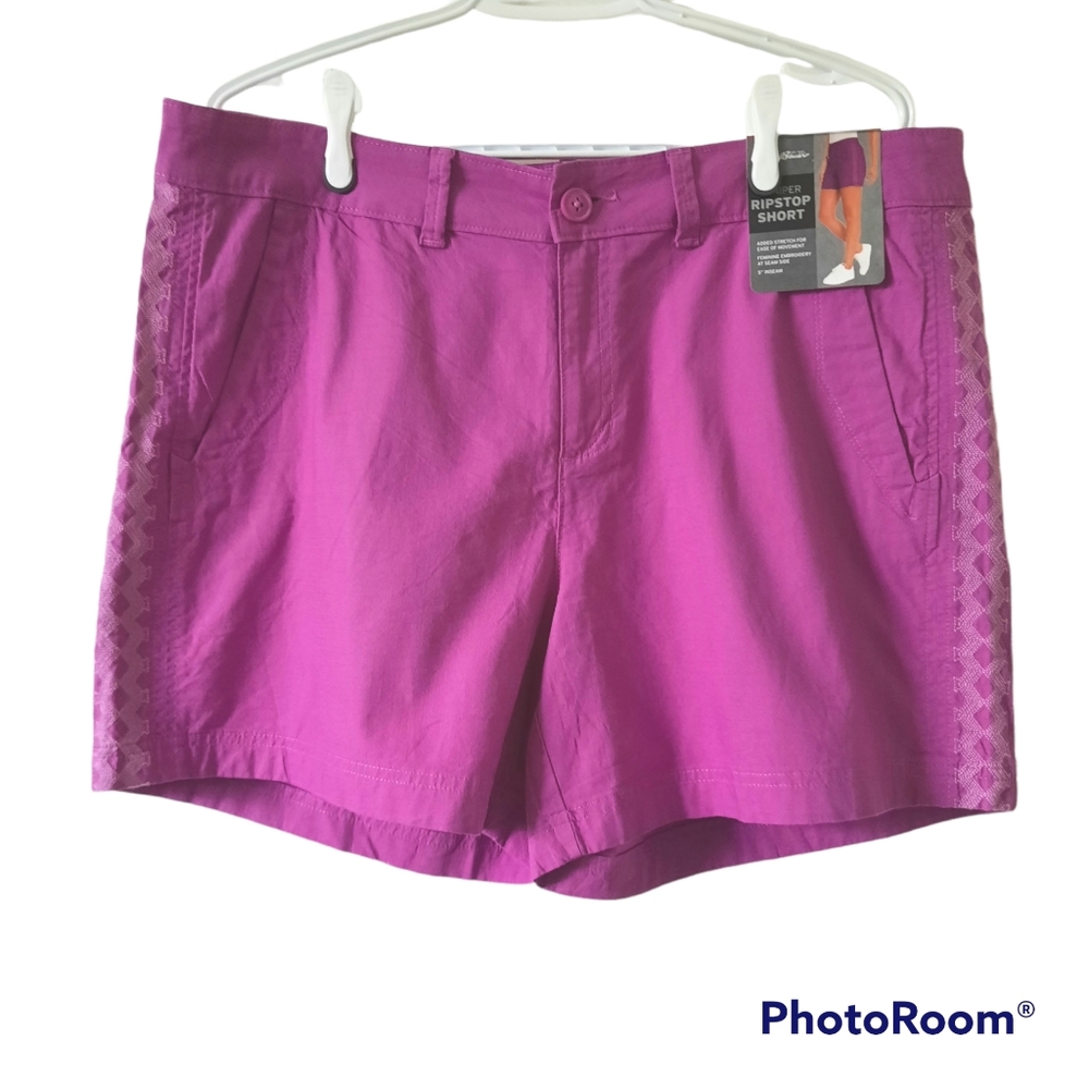 Eddie Bauer Juniper Ripstop Shorts Purple Embroidered Stretch Movement Size 16